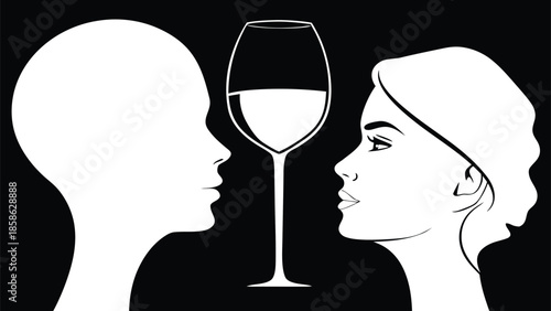Couple Silhouettes, Wine Glass Between - Shared Drink, Beverage Concept
