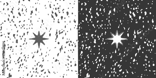 A stark contrast black and white speckled backgrounds with shining starbursts