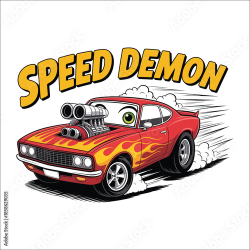 Red cartoon muscle car with flames and Speed Demon text