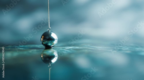 Reflective Metal Sphere Above Tranquil Water Surface Creates Minimal Motion and Serene Atmosphere with Gentle Droplet Ripples Enhancing Reflection