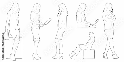 Line art illustration of women in various poses with business attire