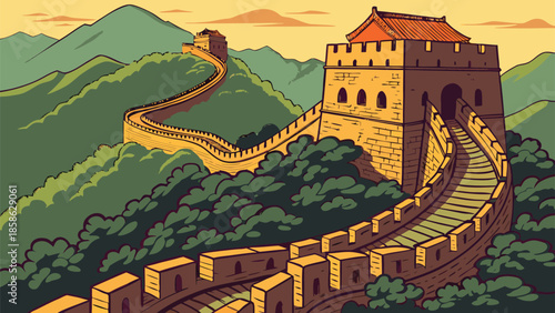 Great Wall of China Winding Through Green Mountains. Historic Asian Landmark