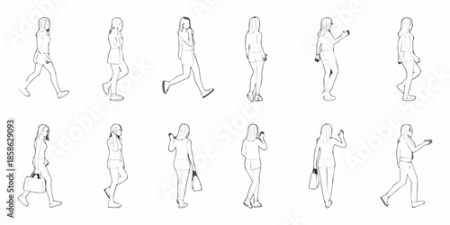 A sequence of line art illustrations depicting women walking in various poses
