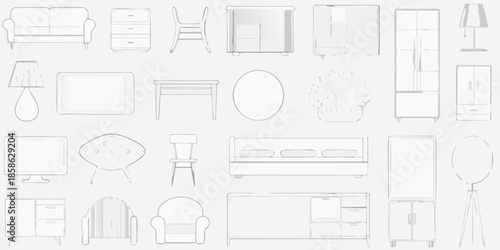Line art illustration of various home furniture items arranged in a grid