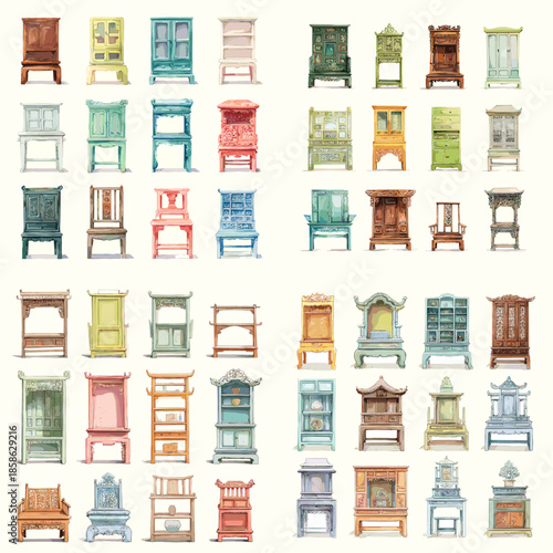 Colorful watercolor furniture illustration set showcasing cabinets chairs and storage units in pastel tones. Isolated decorative objects ideal for playful interior decor and creative design projects.