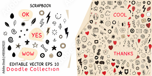 Colorful scrapbook paper with doodles words and playful hand drawn elements