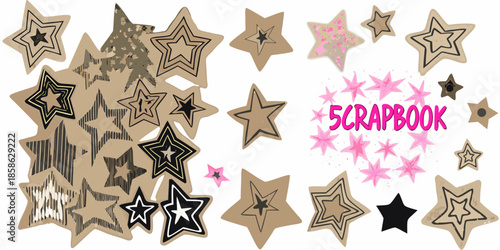Assorted decorative stars and scrapbook elements scattered on a white background