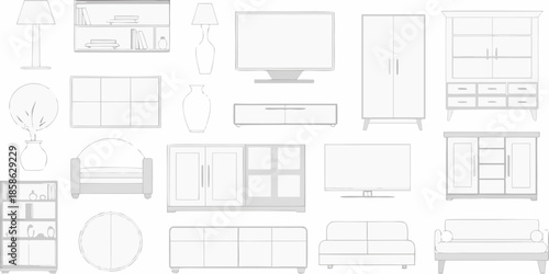 Outline of living room furniture including sofas cabinets and televisions