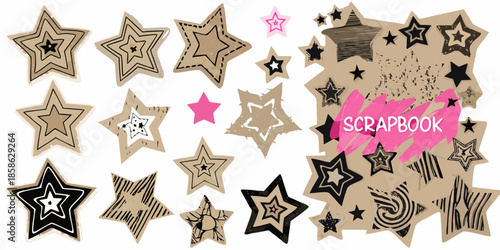 A collection of diverse star shapes and scrapbook elements on a white background
