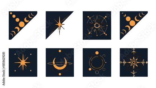 Set of 8 Celestial Gold and Black Corner and Square Vector Illustrations