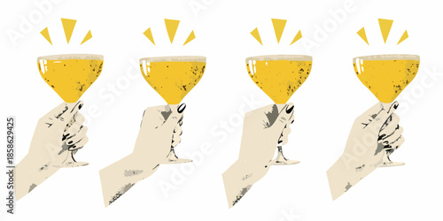 Four hands raising glasses of golden beverage in a celebratory toast