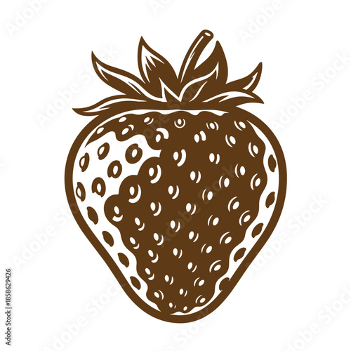 Vintage Brown strawberry icon with green leaves on top isolated on white background
