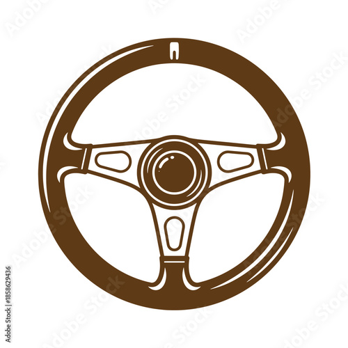 Vintage brown steering wheel icon with three spoke design on white background for car interior or vehicle concept