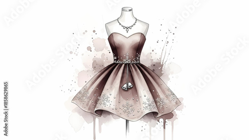 Graceful watercolor fashion illustration of an elegant strapless cocktail dress on a mannequin, featuring sparkling embellishments and a sophisticated design