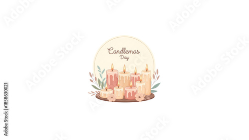 candlemas day illustration with burning wax candles and spring flowers
