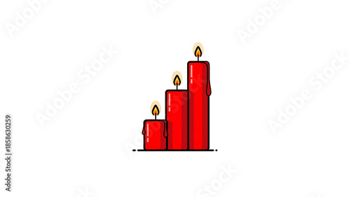 three red burning candles with melting wax and glowing flames illustration
