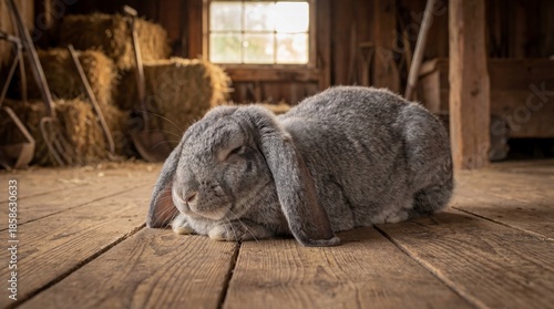 A grey Giant Flemish rabbit rests peacefully on a wooden floor in a rustic barn with soft daylight filtering through a window.