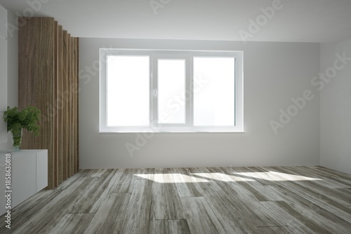 modern room with shelfes and beautiful flowers in glass flowerpot on it interior design. 3D illustration