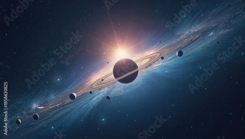 Solar system scene showing planets and stars, focusing on planetary alignment and cosmic scale, International Astronomy Day