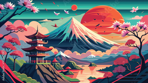 Mount Fuji, Pagoda, and Cherry Blossoms in Stylized Japanese Landscape at Sunset