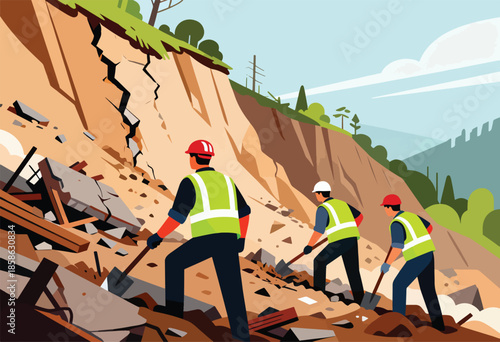 Workers in protective gear clear debris from a landslide