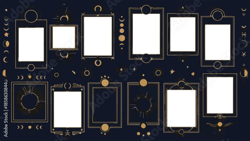 Set of 10 Gold Celestial Frames Vector on Dark Blue Background