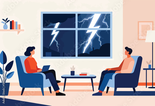 Two people sit in armchairs inside a room looking out at a dramatic thunderstorm through a window