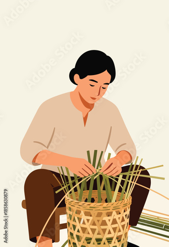 Person weaving a basket with natural materials