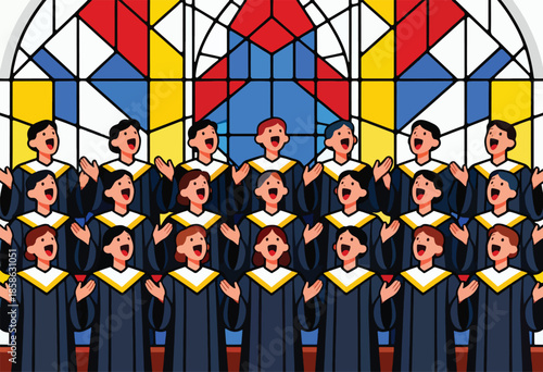 Group of singers in robes joyfully singing before a vibrant stained-glass window