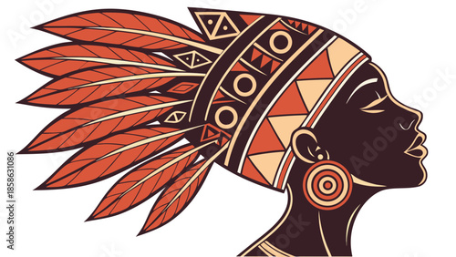  African Woman Profile Adorned with Tribal Feathers and Patterns