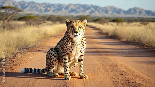 Cheetah sitting on dirt road in savannah landscape with mountains