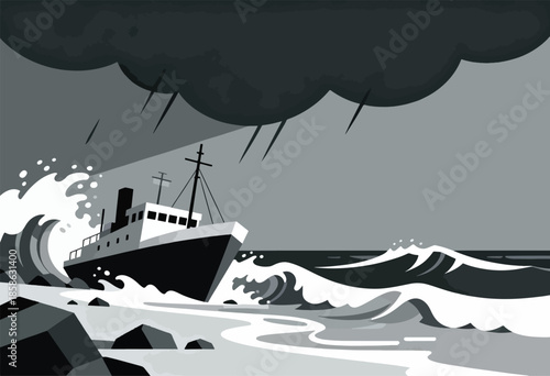 Ship struggling in stormy seas, crashing waves, dark clouds overhead