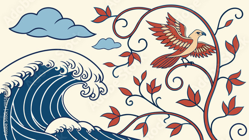 Stylized Nature Illustration: Ocean Wave, Bird, and Tree Branch Art