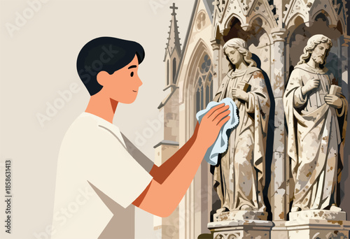 Young person carefully cleans intricate stone statues in front of gothic architecture