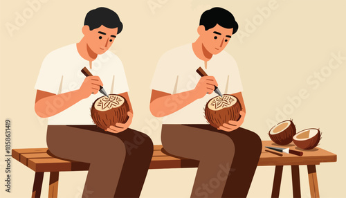 Two men carving intricate designs into coconuts on a wooden bench