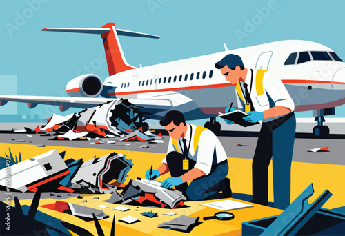 Investigators examine a damaged aircraft at a crash site