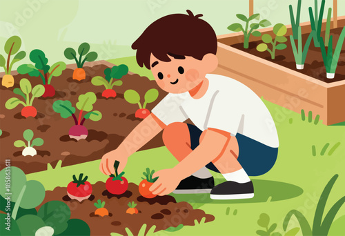 A child tending a garden of various vegetables like tomatoes, radishes, and carrots
