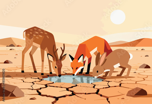 Animals drinking from a small puddle in a parched, cracked desert landscape