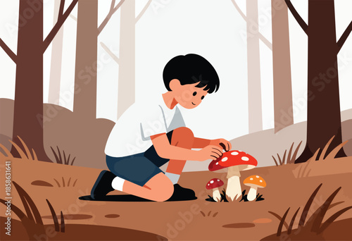 A young boy crouches in a forest, examining red and orange mushrooms