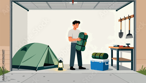Man packing camping gear in a garage with tent, lantern, cooler and tools