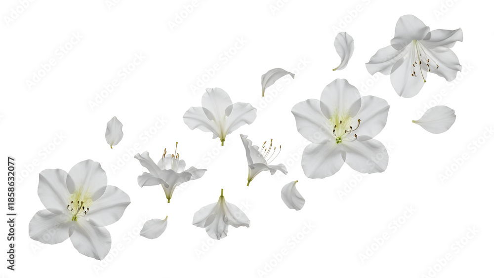 Obraz premium A serene and delicate scattering of white azalea flowers in full bloom against a clean white background