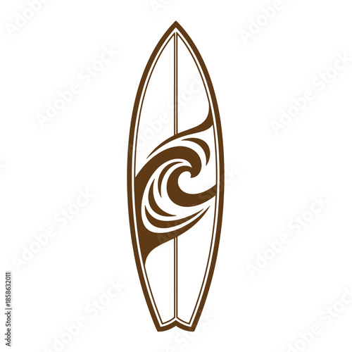 Vintage Brown surfboard with wave design on white background