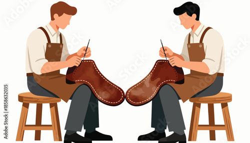 Two craftsmen diligently hand-stitching brown leather shoes on stools