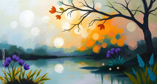 vibrant abstract landscape, colorful environment painting, saturated brushstroke canvas, expressive nature art, chromatic landscape scene, bold color blocking, dramatic sky oil paint, sunset field abs