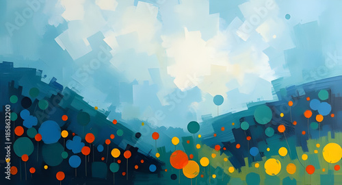 surreal landscape oil painting, fantasy abstract scenery, bold contemporary artwork, dark horizon field, textured palette knife painting, oil strokes abstract, foggy landscape paint, muted color paint