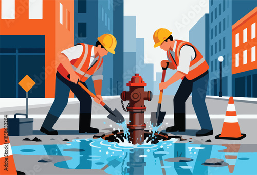 Two workers in vests and hard hats dig around a leaking fire hydrant
