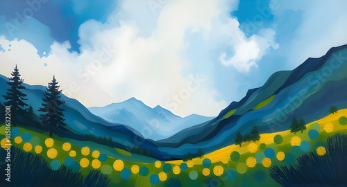 forest and mountain oil painting, pine tree slopes canvas, woodland valley mountains, forest clearing peaks, mossy forest ridge art, green mountain landscape oil, nature forest and sky, wild woodland 