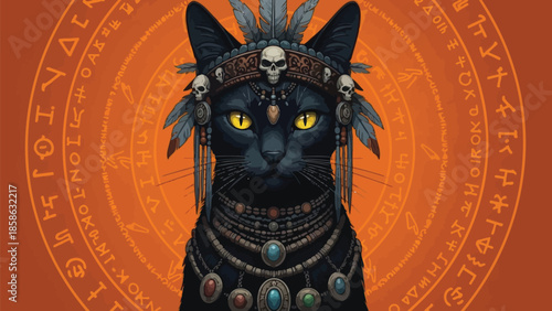 Black Cat in Ceremonial Headdress with Ancient Symbols