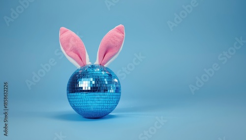 Pastel blue background featuring a disco ball and pink rabbit ears, Easter nightlife party atmosphere