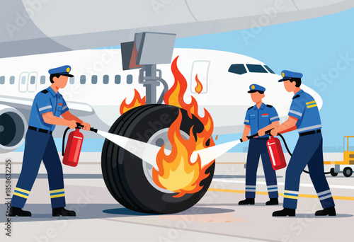 Firefighters extinguish a burning airplane tire with extinguishers